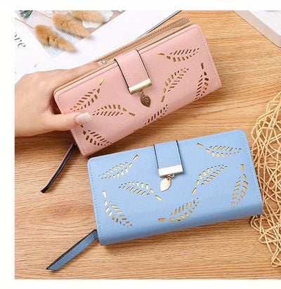Elegant Women's Wallet With Hollowed-Out Leaf Design, Bifold Long Zippered Clutch, PU Leather Mobile Phone Bag Card Coin Purse