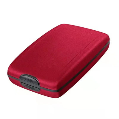 Red RFID blocking card holder wallet with silver metal accents