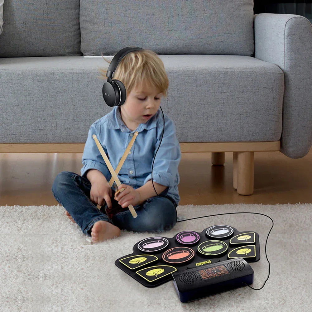 Electronic Drum Set With Drum Sticks Pedals Music Drums 9 Pad Roll-Up Drum Musical Electronic Drums Instrument For Kids Adults