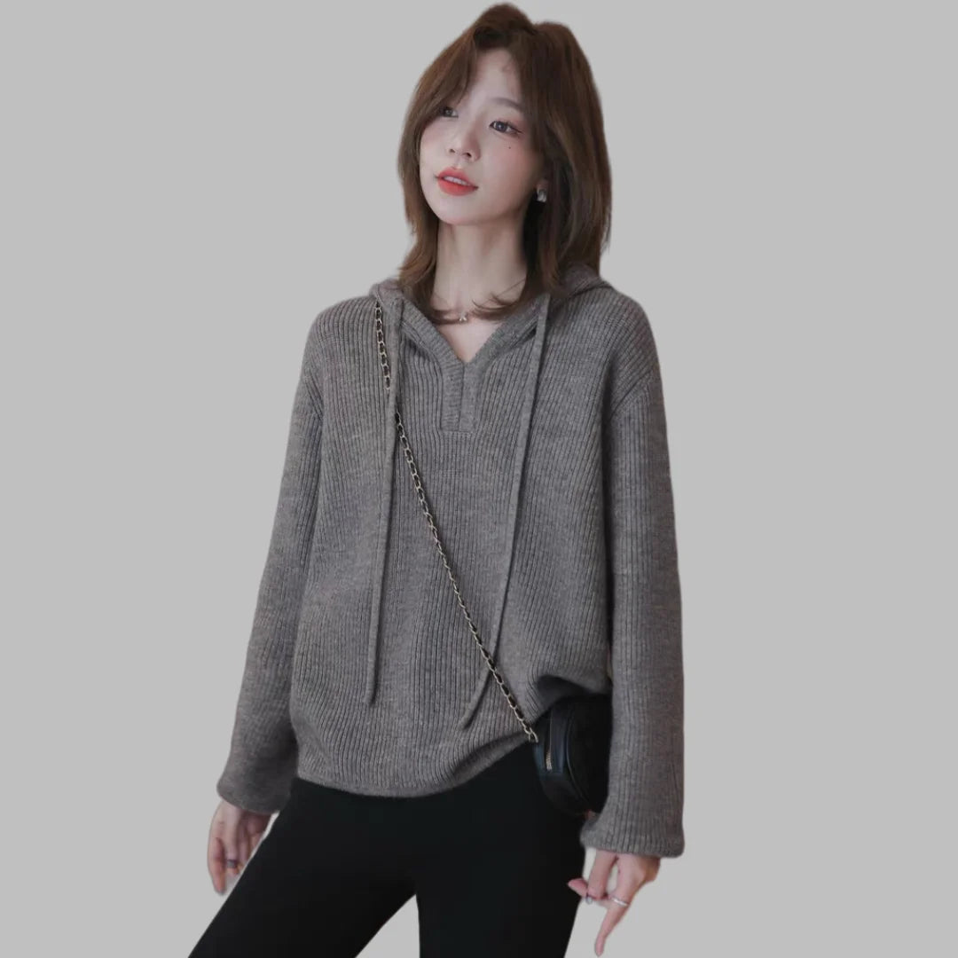 Hooded Sweater Women's Sweater 2025 Autumn and Winter New Fashion V-neck Loose Casual Solid Color Long-sleeved Knitted Top