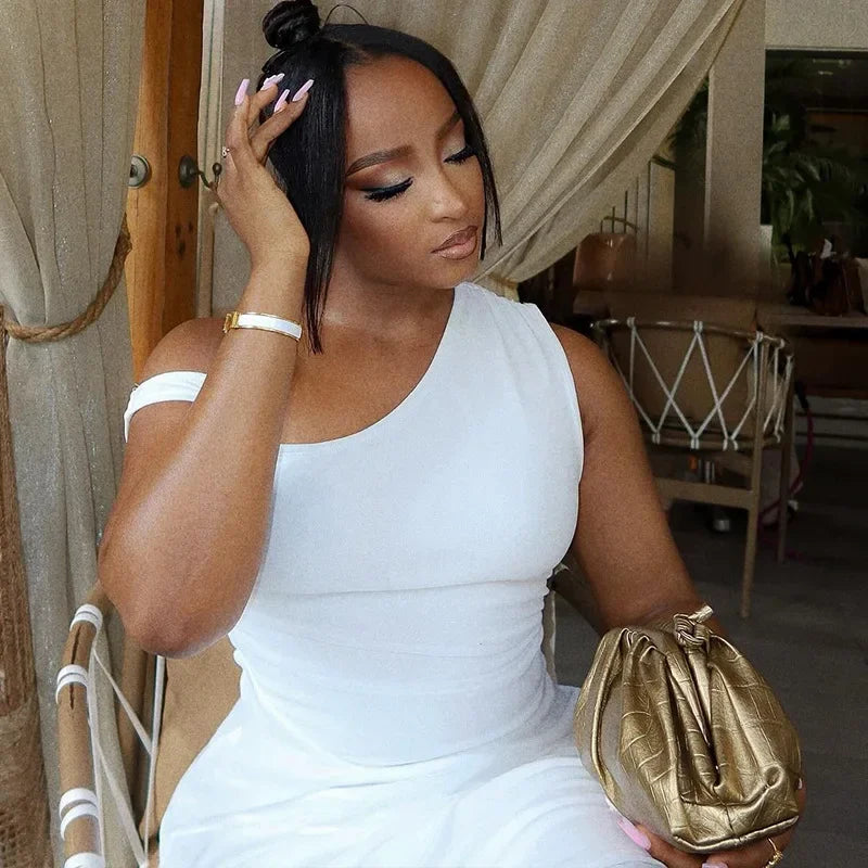 Women Sexy Dresses Summer 2025 Solid Color Sexy Slant Collar Midi Irregular Evening Dress Luxury Elegant Splicing Dress Vestidos