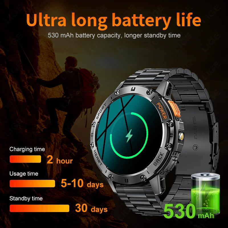 For Android ios New AMOLED Smart Watch Men with Flashlight Sports Waterproof Fitness Tracker Bluetooth Call Smartwatch Man+Box