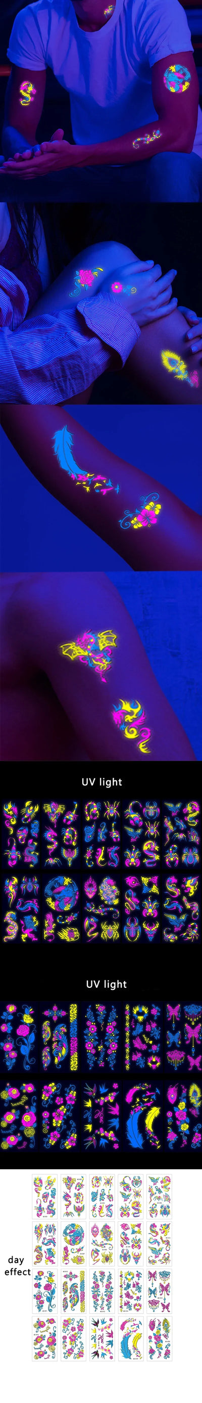 Temporary Fluorescent Tattoos Flower Feather Animals Pattern Body Arm Leg Face Stickers Night Bar Party Music Festival