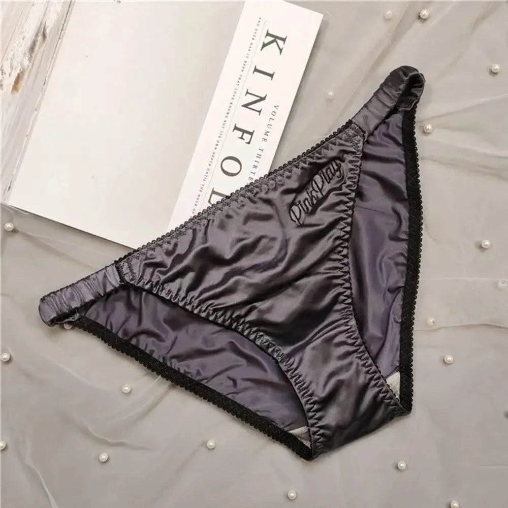 Sexy Girl Thongs Women Glossy Underwear Panty Low Waist Solid Color Satin Fabric Briefs Embroidery Fitness Yoga Underpants