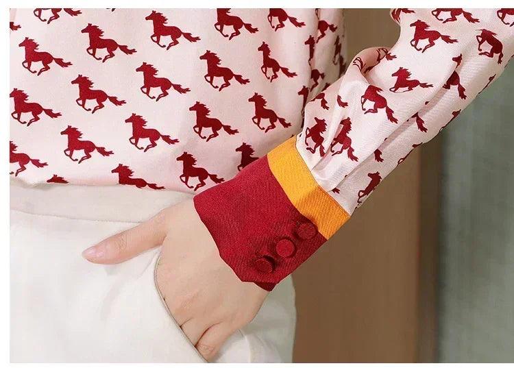 Women satin silk shirts g horse print