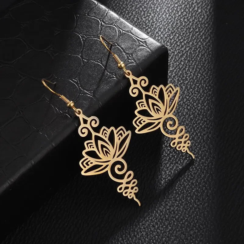 Stainless Steel Engraved Lotus Pendant Earrings for Women Yoga Meditation Jewelry Gifts