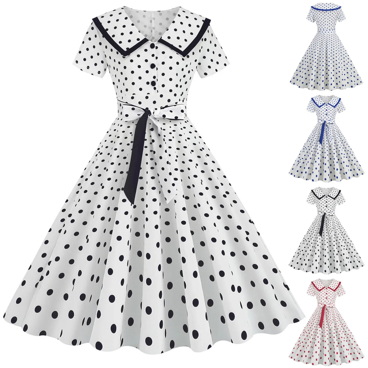 Polka Dot Print Vintage Dress For Women A Line Temperament Lapel Cocktail Party Dresses Ladies Slim Long Dresses With Belt