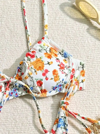 2025 Hot Sale Women's Swimsuit New Floral Bikini Sets Two-Piece Set Women's Sexy Small Chest Gathered Steel Ring Woman Swimsuits