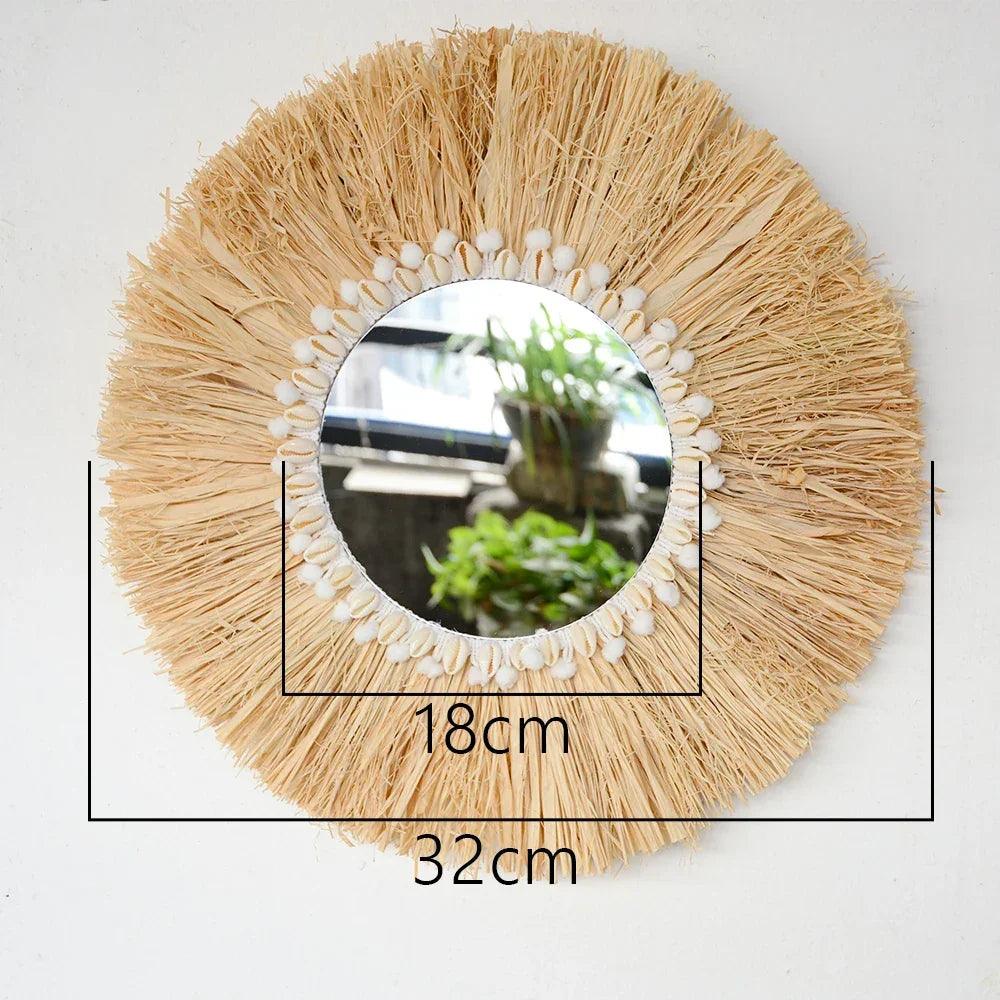 Home decor hanging mirror raffia wood beads acrylic multifunct decorative decorations bedroom wall room