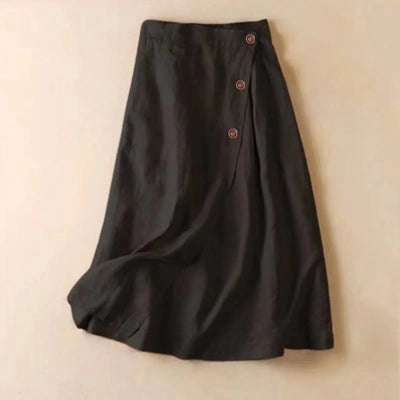 Women's Casual A-Line Skirt Summer Cotton and Linen Mid-Length Back Elastic Waist Button Large Swing Skirt Trendy Matching Skirt