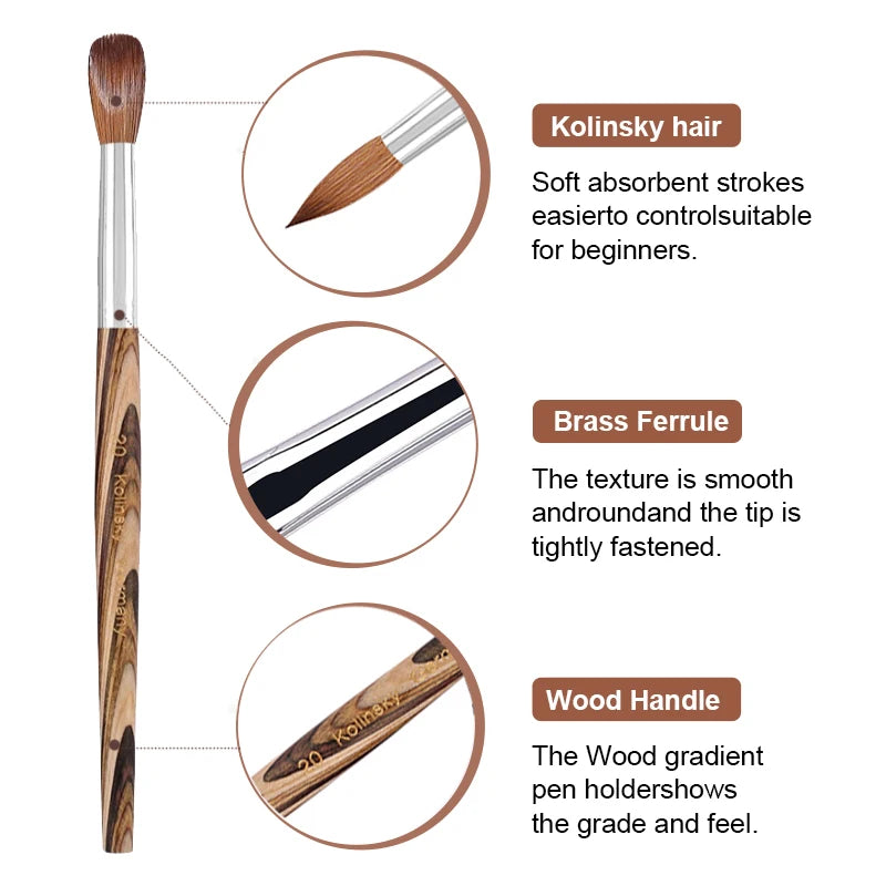 Prue Kolinsky Acrylic Nail Brush Oval Round Head Spliced Wood Handle Professional Salon Quality for Acrylic Powder Size 8-20#