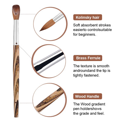 Prue Kolinsky Acrylic Nail Brush Oval Round Head Spliced Wood Handle Professional Salon Quality for Acrylic Powder Size 8-20#