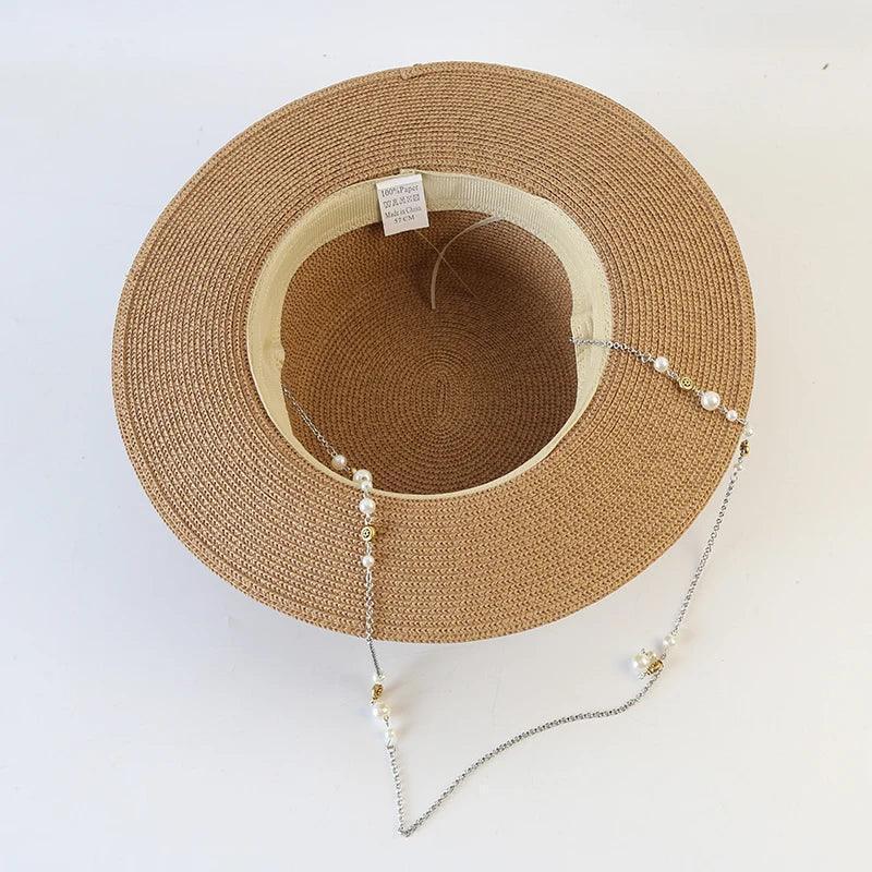 New women summer hats straw sun hat panama elegant fedoras lady girl outdoor vacation with pearl chain sunshade beach