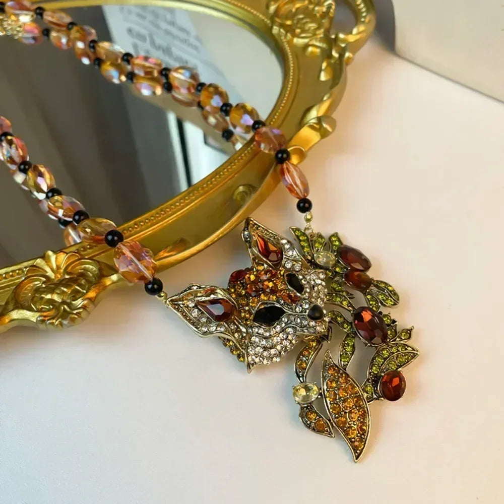 Luxury crystal cat necklace earrings exaggerated beaded rhinestones pendant accessories neck jewelry