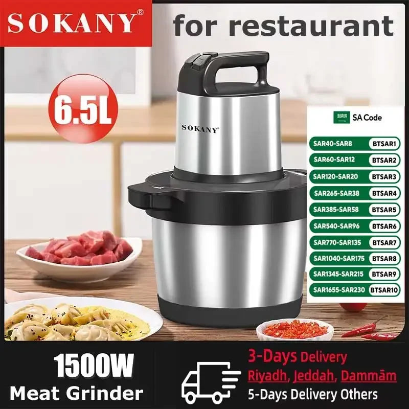 Food Processor 6.5L Electric Meat Grinders Stainless Steel Vegetable Slicer Chopper Crusher Kitchen Blenders Home Appliance