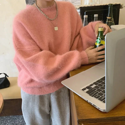 2023 New Year Sweaters For Women High Quality Autumn Winter Mohair Knitted Thick Warm Red Loose Mink Cashmere Pullovers