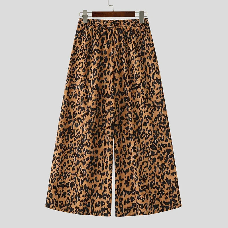 Men Wide Leg Pants Leopard Printing Drawstring Joggers Casual Trousers Men Streetwear 2025 Oversize Pleated Long Pants INCERUN