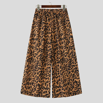 Men Wide Leg Pants Leopard Printing Drawstring Joggers Casual Trousers Men Streetwear 2025 Oversize Pleated Long Pants INCERUN