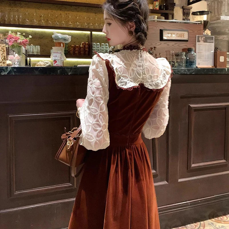 Vintage Velvet Midi Dress Women Elegant Lace Patchwork Dresses Autumn Harajuku Korean Puff Long Sleeve Bodycon Design Vestidos