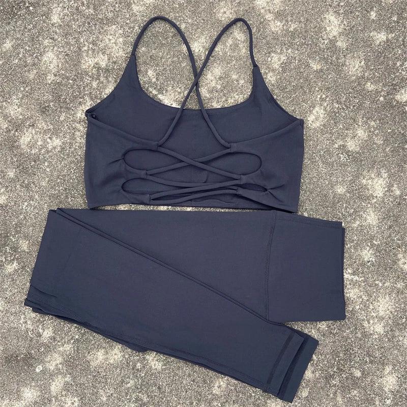 2pcs Gym Leggings Set Yoga Sports Set Women Workout Outfit Fitness Suit Cross Straps Bra High Waist Leggings Running Tracksuit