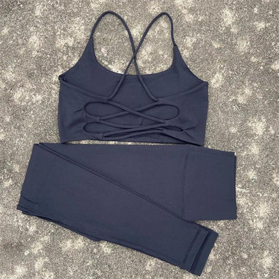 2pcs Gym Leggings Set Yoga Sports Set Women Workout Outfit Fitness Suit Cross Straps Bra High Waist Leggings Running Tracksuit