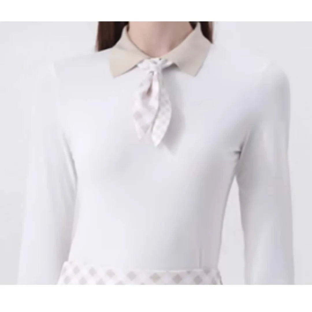 Women's Golfwear for  Slim-Fit Long-Sleeve Top with Polo Collar and Bow Tie, High-End Golf Hundred-Pleat Skirt Suit