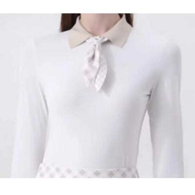 Women's Golfwear for  Slim-Fit Long-Sleeve Top with Polo Collar and Bow Tie, High-End Golf Hundred-Pleat Skirt Suit