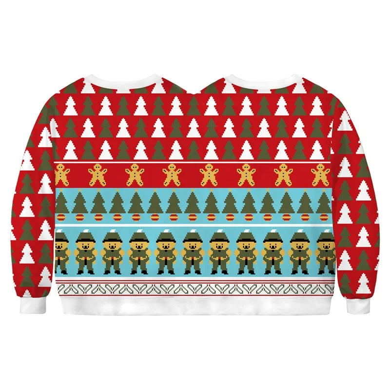 Double Ugly Christmas Couple Sweaters Siamese Twins Pullover 3D Printed Funny Couple Sweatshirt