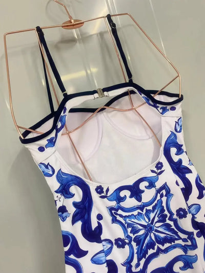 Fashion Design Women's Swimsuit Designer Brand Blue White Porcelain One-piece Beach Swimwear