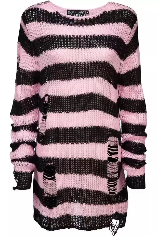 Gothic Sweaters Women Ripped Holes Loose Knitted Purple Striped Pullover Frayed Fairy Grunge Jumpers Emo Streetwear Lolita