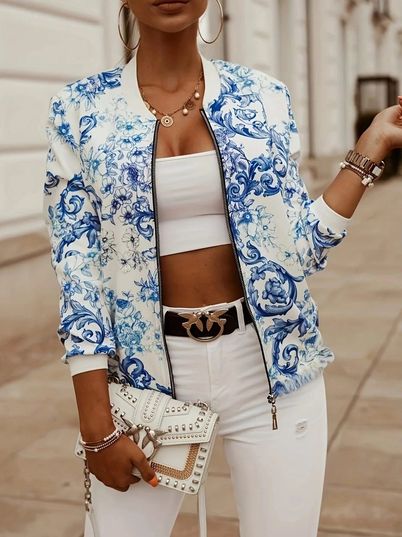 Women's Floral Print Bomber Jacket - Casual Zip Up Long Sleeve Outerwear