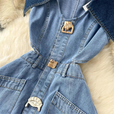 Designer Denim Dress Women Long Dresses Single Breasted Big Turn-down Collar Waist Slimming Temperament Split A-Line Vestidos