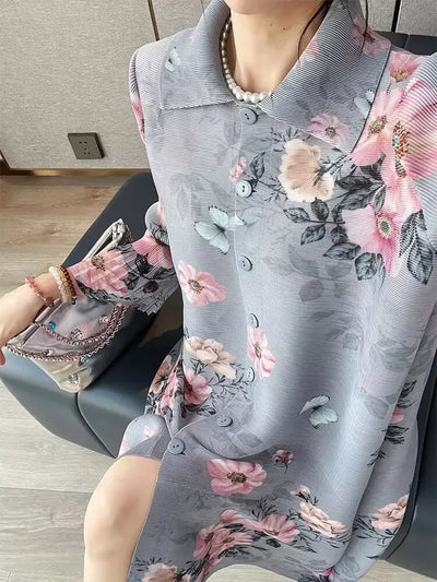 Womens Dresses Evening Dresses Fashion Holiday Style Printed Dress Spring/Summer Flower Folding Long Dress Loose Plus Size Skirt