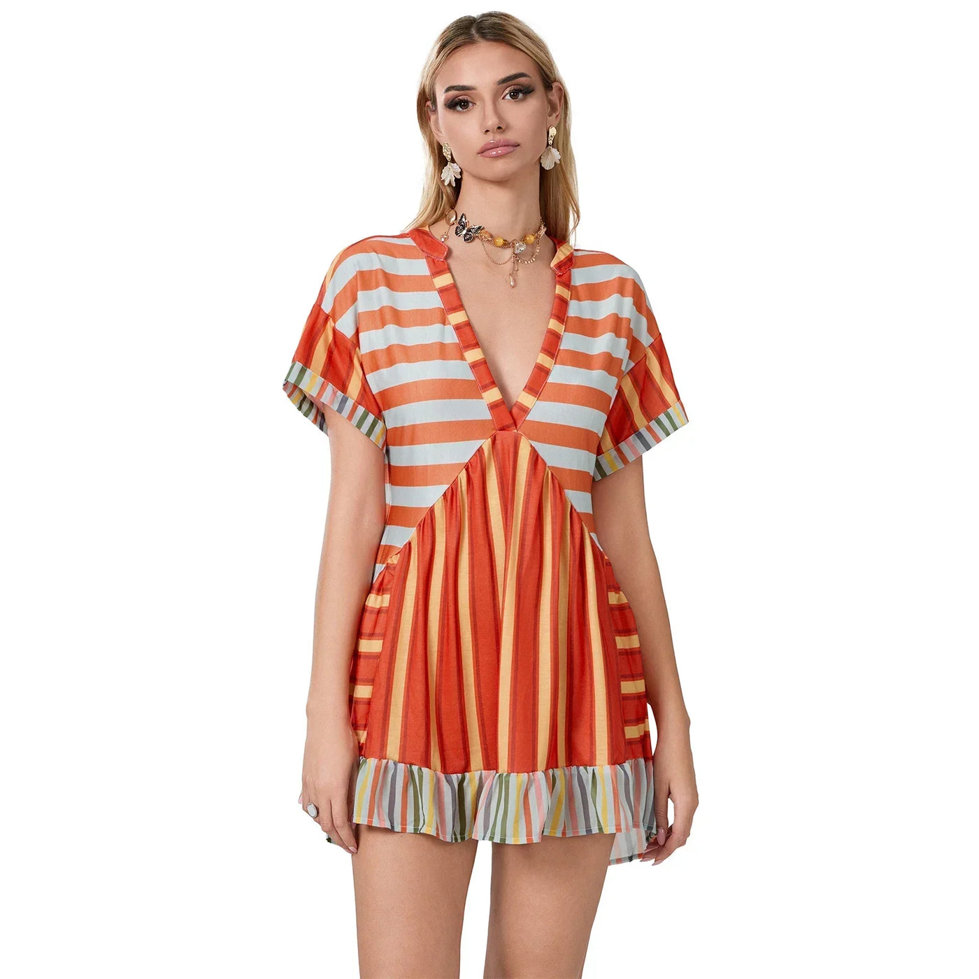 Women Summer Babydoll Dress Bohemian Holiday Vintage Floral Print Short Sleeve Deep V-Neck Flowy Dress with Pockets