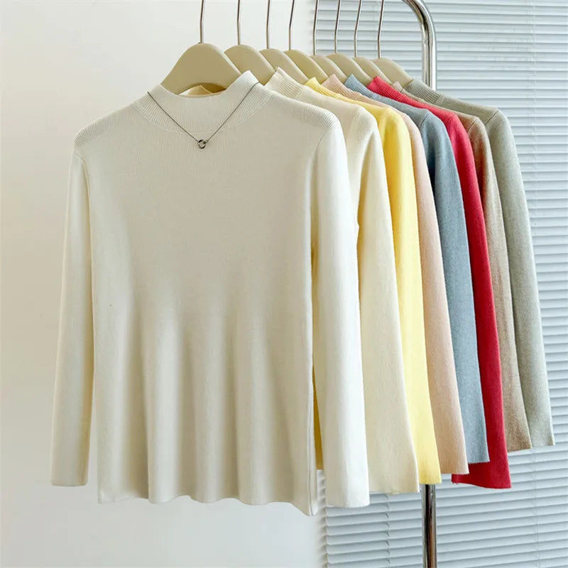 Sweaters Autumn Women Mock Neck Ruffles Sweater Long Sleeve Knitted Bottoming Solid Pullovers Jumpers Casual Sweater Winter