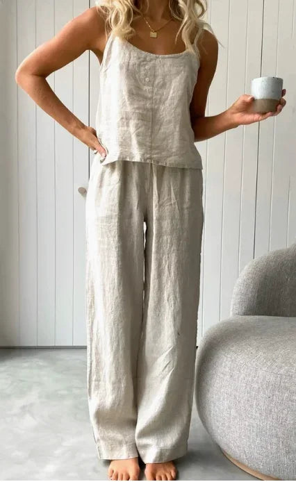 Cotton Linen Women's Suit Slip Vest Wide-leg Pants Suits Female Fashion Casual 2 Piece Sets Home Casual Clothes Ladies Sets 2025