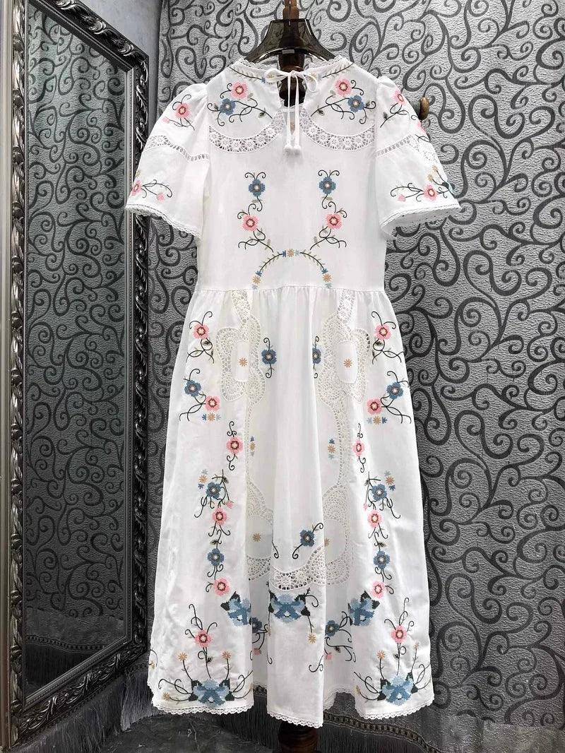 Women Crochet Lace Embroidery Floral White Yellow Dress Linen