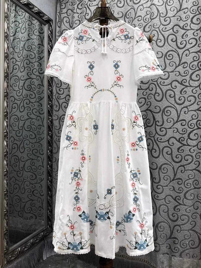 Women Crochet Lace Embroidery Floral White Yellow Dress Linen