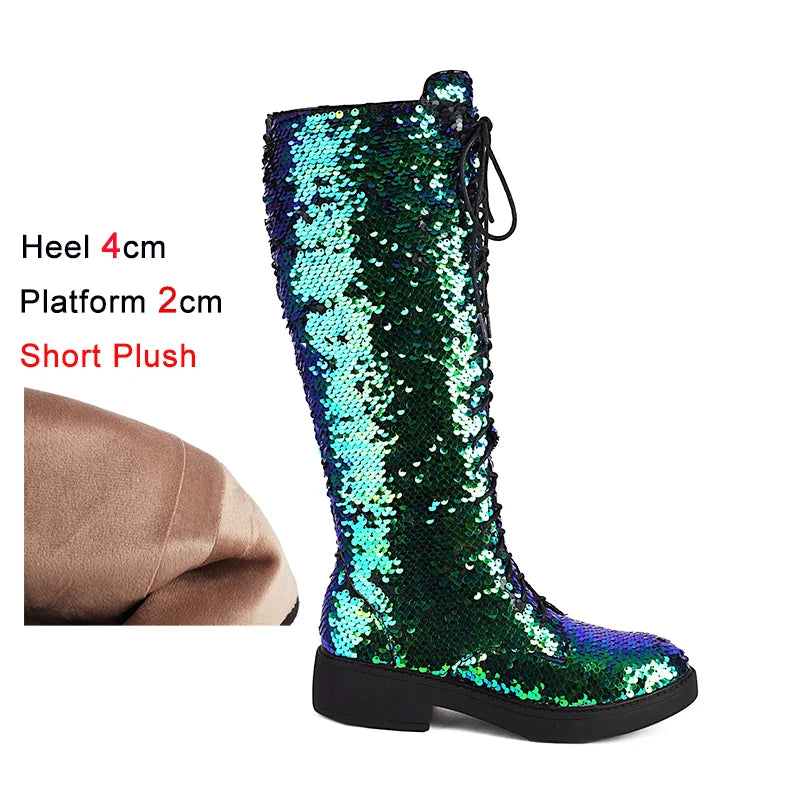 Knee-High Boots Women Flat Gothic Fashion Low Heel Shoes Autumn Winter Sequins Heels Bling Bling Silver Luxury Womens Long Boots