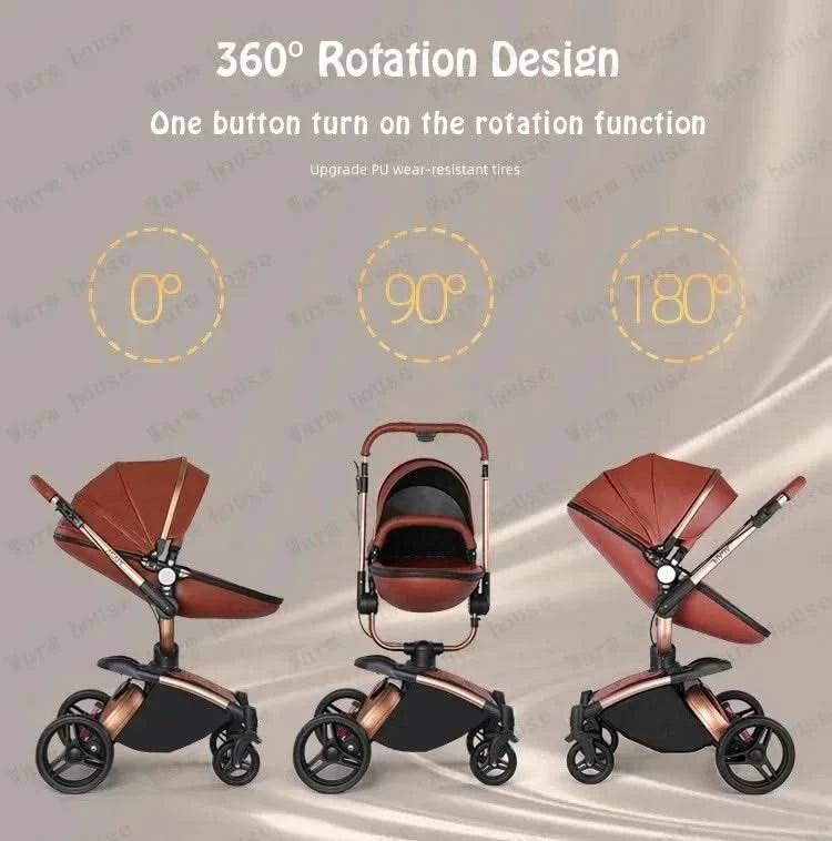 3-in-1 Luxury High-view Baby Stroller with Car Seat Foldable Newborn Baby Stroller PU Leather Two-way Baby Stroller