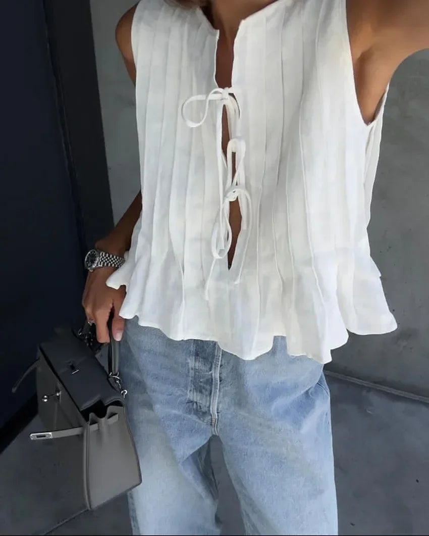 Fashion Bow Lace Up Linen Tops For Women
