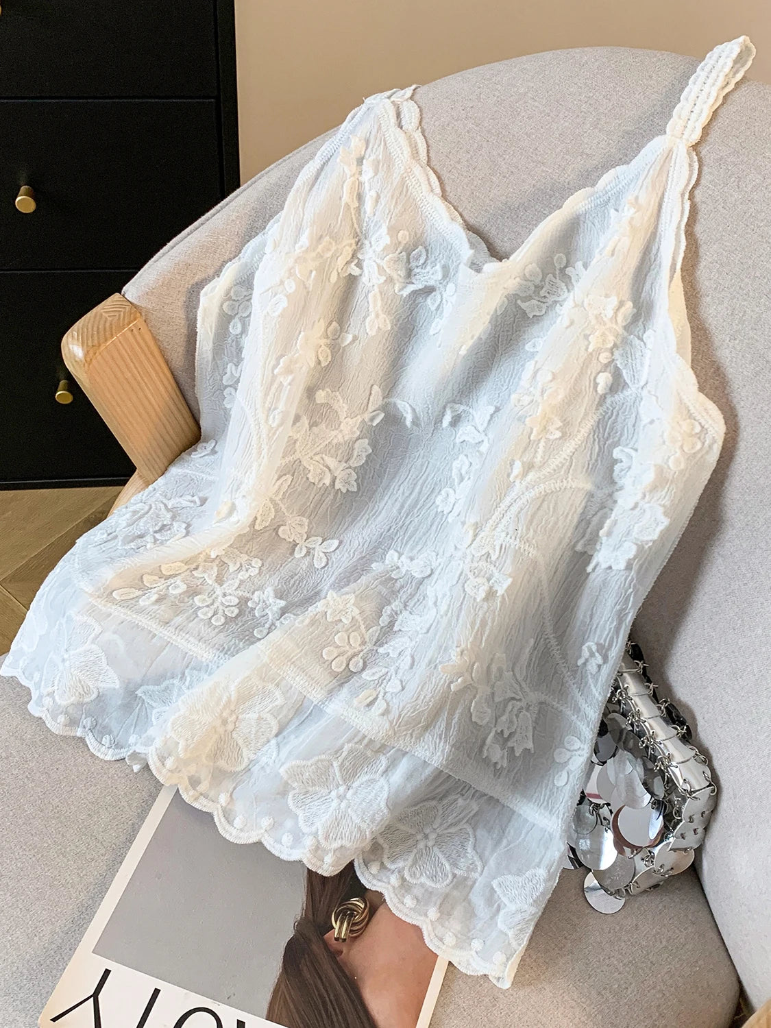 Ele Embroidered Lace Trim Csole Tank Top Women's Svel Summer Layering Vest Inner Wear Loose Fit Cotton 00%