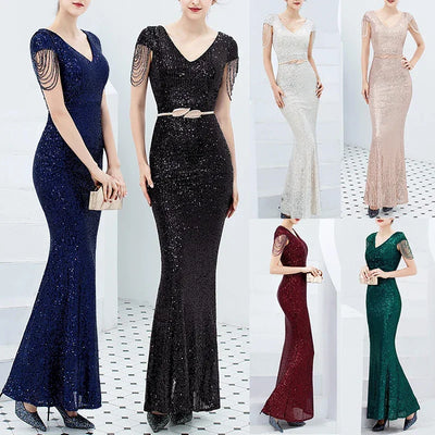 Luxury Sequined Women Evening Dress V Neck Short Sleeve Mermaid Party Gowns Metal Belt Design Sexy Robe Elegant Formal Dresses
