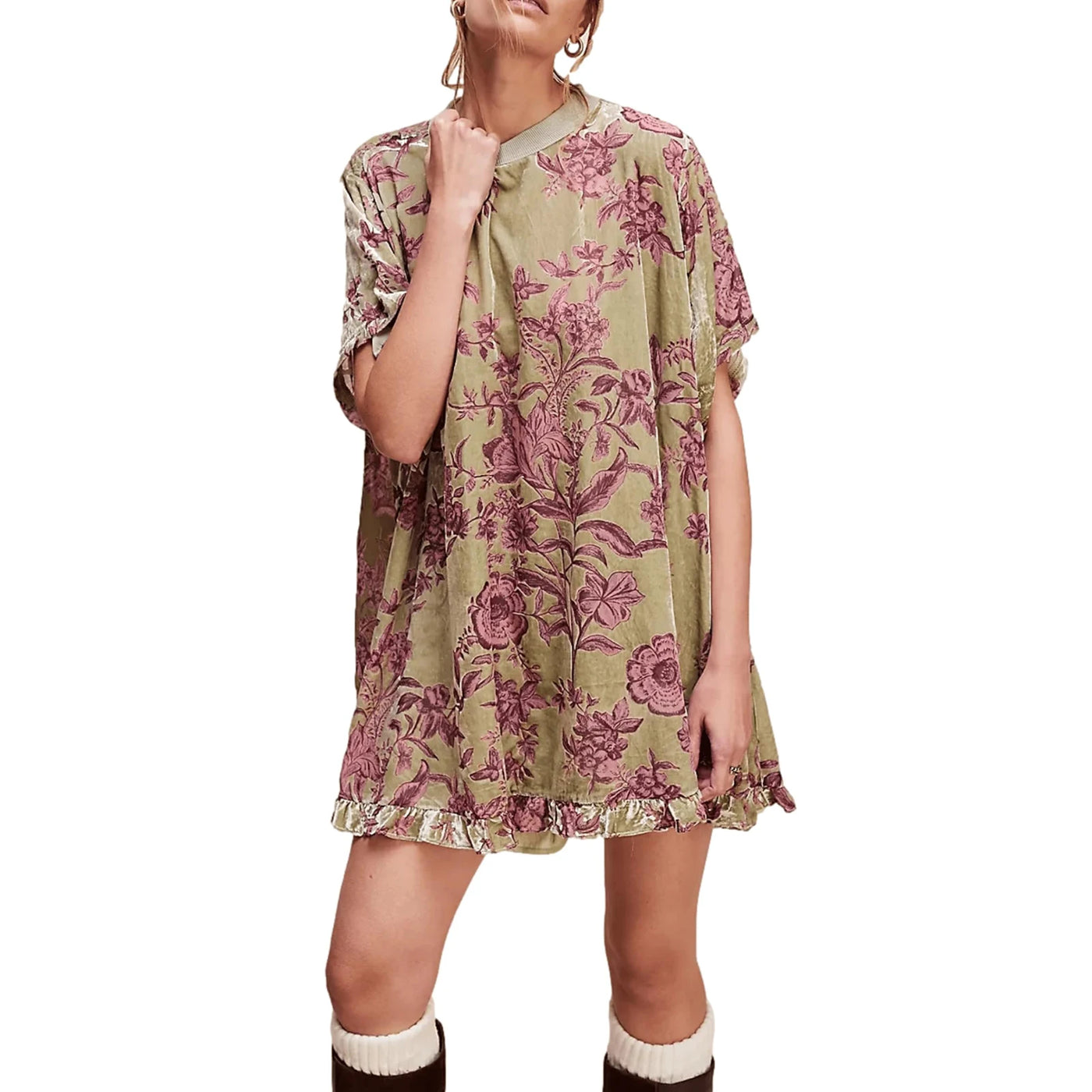 Women Velvet Dress Summer Casual Loose Long Sleeve Crew Neck Flower Mini Dress Lady Female Short Dress