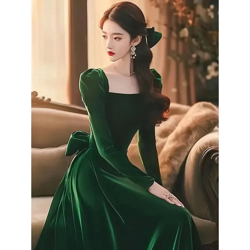 Fashion Beautiful Golden Velvet Women Vintage Dress 2025 Autumn Winter High-quality Elegant Versatile Dresses Ladies Vestidos
