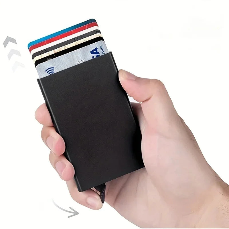 Black slim RFID-protected card holder wallet with metallic accents