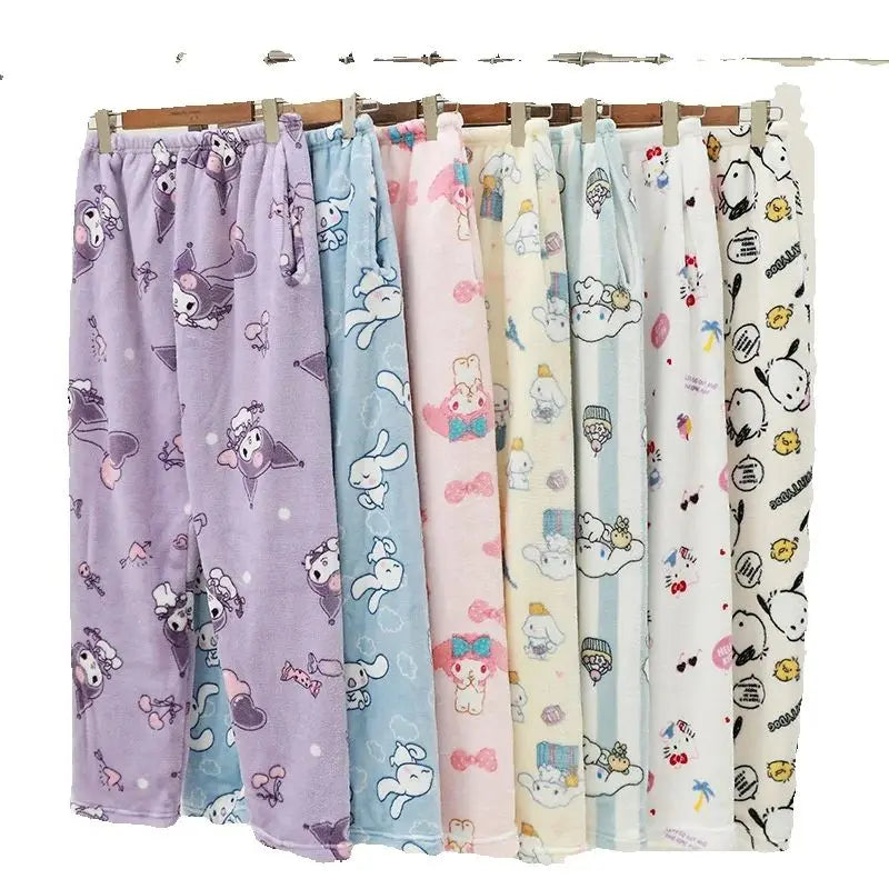 My Melody Flannel Pajamas Pants, Kuromi Loungewear, Loose, Comfortable, Warm, Thick Fleece Pant, Hello Kitty