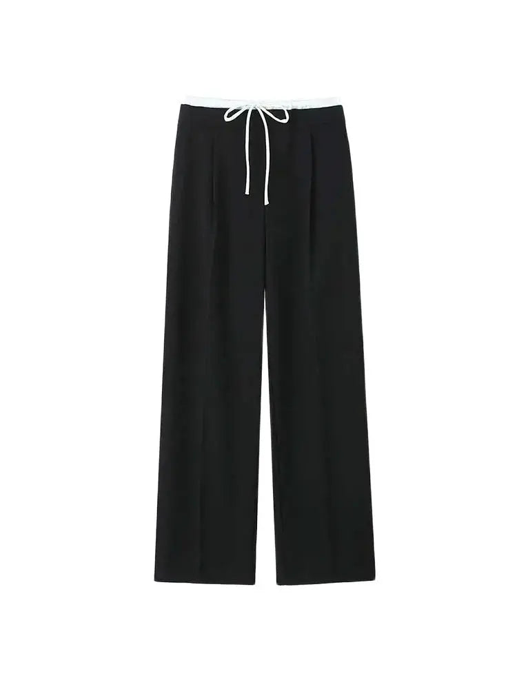 Women's Double Waistband Wide Leg Pants, High Elastic Waist With Drawstring, Side Pockets, Female Trousers, Chic Fashion