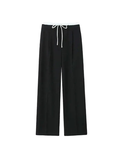 Women's Double Waistband Wide Leg Pants, High Elastic Waist With Drawstring, Side Pockets, Female Trousers, Chic Fashion