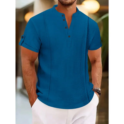 Men's summer new style standing collar short-sleeved POLO Shirts double button front casual outdoor beach wind solid color Tops
